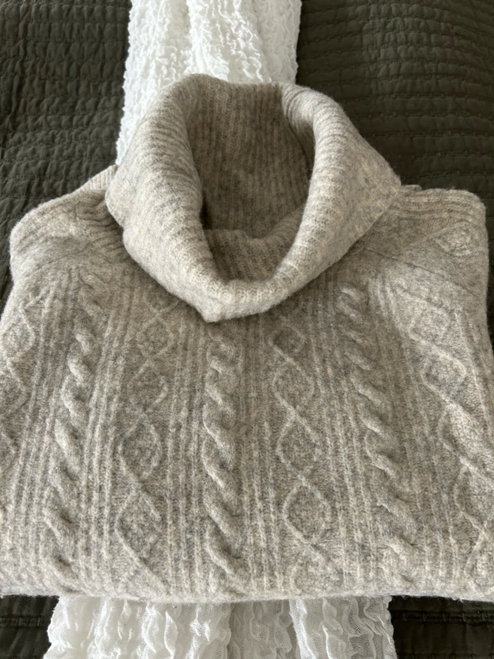 Aritzia- community Cable Knit Turtleneck Sweater in Light Taupe/grey
